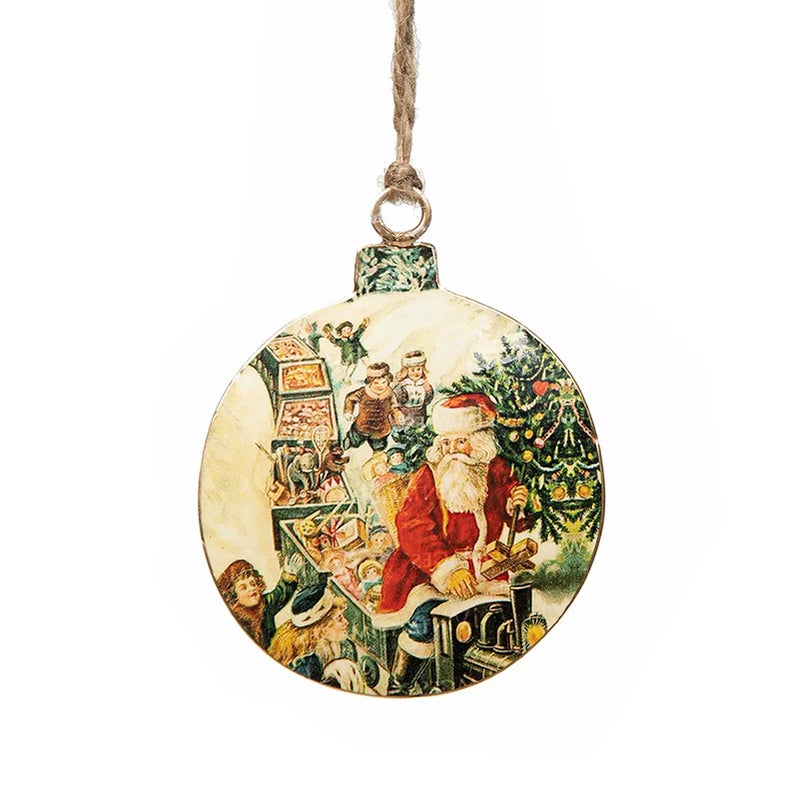 Py&ouml;re&auml;n muotoinen emaliriipus, joulupukki ja juna